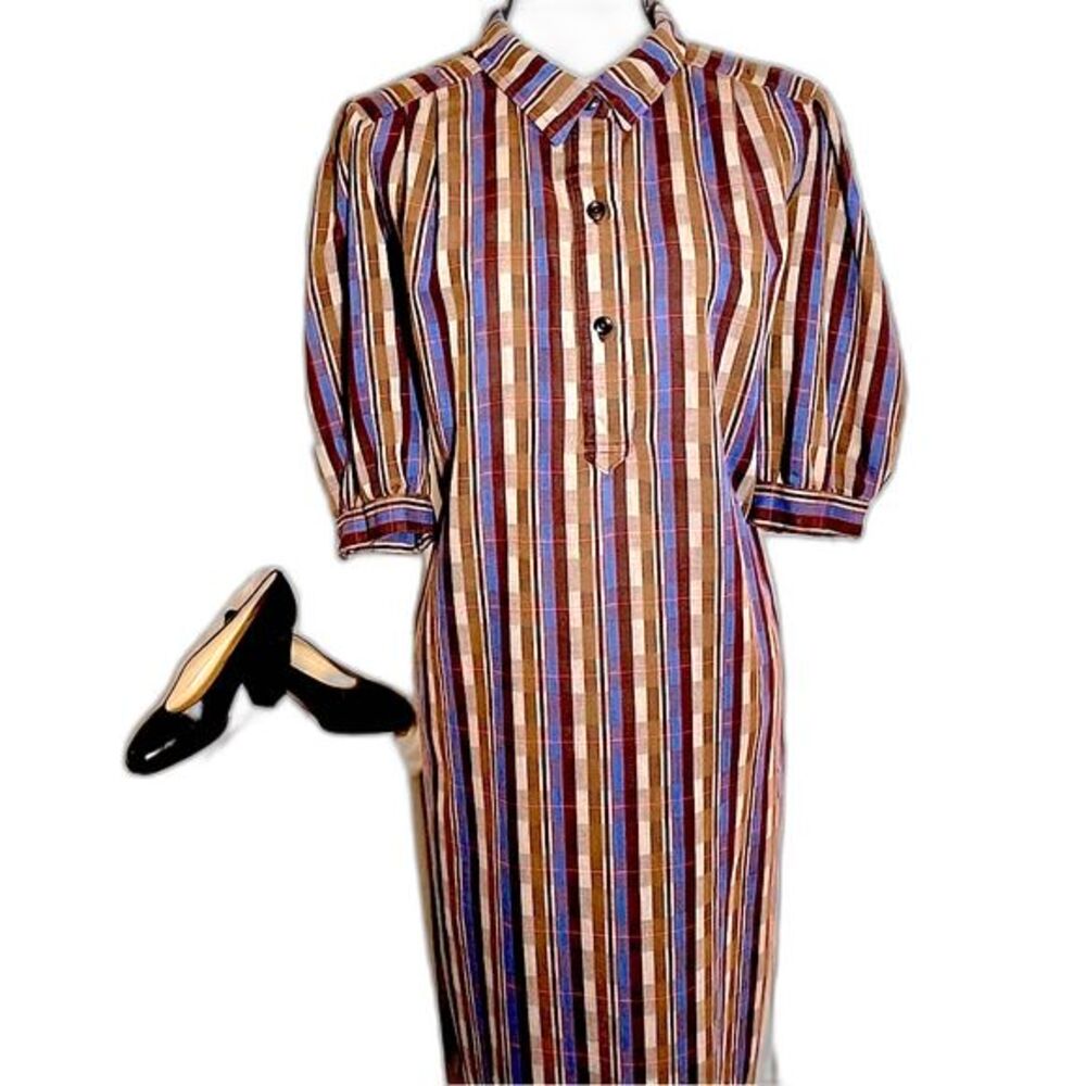 Vtg 70s 80s Handmade Plaid Puff Sleeve Shirt Dress Midi Pockets XL #D2